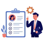 Illustration of an HR consultant auditing talent management strategy, symbolizing human capital development and training