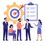 Illustration of a diverse business team collaborating around strategy charts and gears, symbolizing leadership alignment and strategic planning