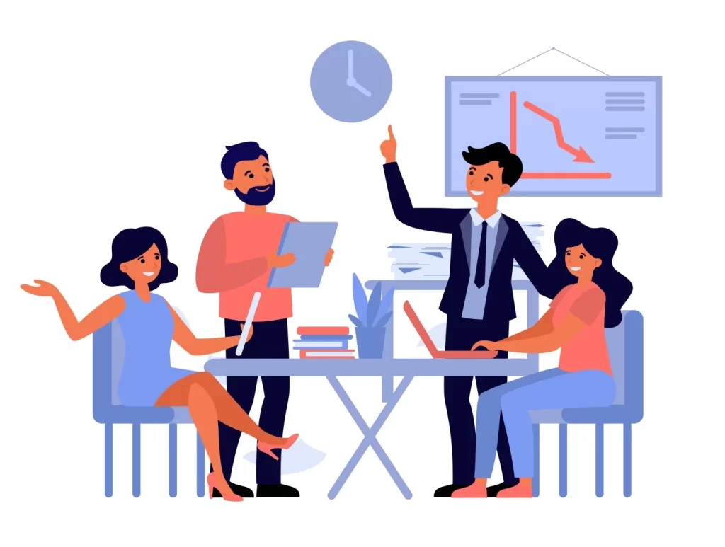 Illustration of a corporate team in an interactive training session representing Acumen Global’s in-person learning and coaching services